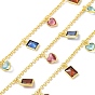 Colorful Glass Heart & Rectangle Charms Chains, with Rack Plating Eco-Friendly Handmade Brass Rolo Chains, Soldered, with Spool, Lead Free & Cadmium Free & Nickel Free