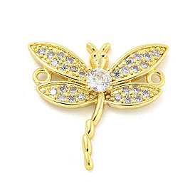 Rack Plating Brass Pave Clear Cubic Zirconia Dragonfly Connector Charms, Cadmium Free & Lead Free, Long-Lasting Plated