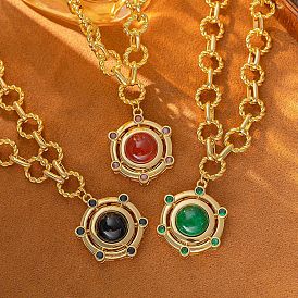 Ретро латунные паве окрашенные натуральные агаты плоские круглые подвески ожерелья для женщин, золотые