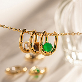 Pearl Earrings Geometric Simple Niche Design Sense Stainless Steel Inlaid Green Agate Tiger Eye Earrings