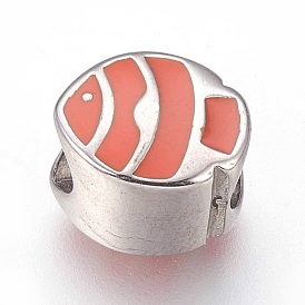 304 Stainless Steel European Beads, with Enamel, Large Hole Beads, Fish