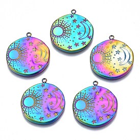 Ion Plating(IP) ainbow Color 304 Stainless Steel Pendants, Cadmium Free & Nickel Free & Lead Free, Flat Round with Sun & Moon & Star