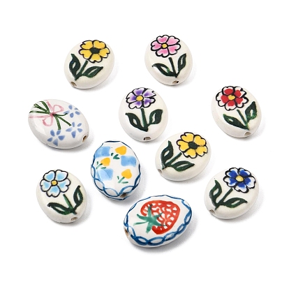 Handmade Porcelain Beads, Hand Painted, Famille Rose Porcelain, Oval with Flower/Strawberry