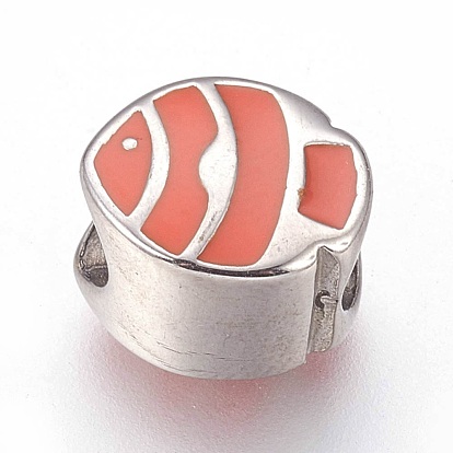 304 Stainless Steel European Beads, with Enamel, Large Hole Beads, Fish