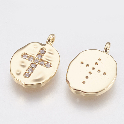Brass Charms, with Micro Pave Cubic Zirconia, Oval with Cross, Clear, Nickel Free