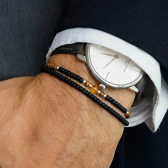 Браслеты из черного стекла, тигрового глаза и синтетических драгоценных камней, круглые