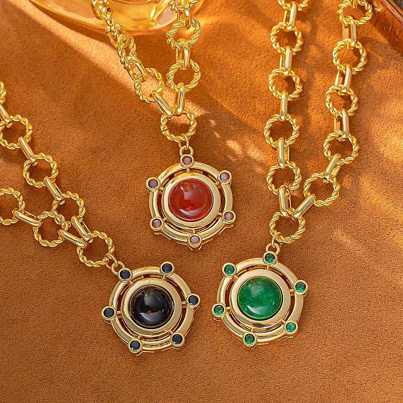 Ретро латунные паве окрашенные натуральные агаты плоские круглые подвески ожерелья для женщин, золотые