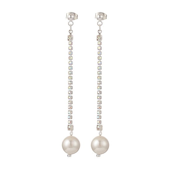 Brass Rhinstone Strass Chains Dangle Stud Earrings, with Round Shell Pearl Beads, 304 Stainless Steel Jewelry for Women