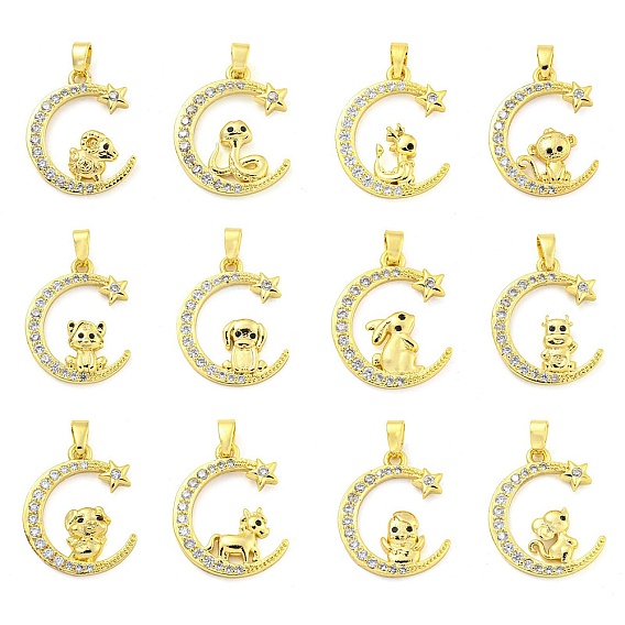 Латунные микропаве прозрачные подвески с фианитом, без кадмия, без никеля и без свинца, 12 китайский зодиак