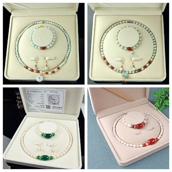 Комплекты ожерелий, браслетов и висячих серег с круглыми бусинами из драгоценных камней