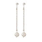 Brass Rhinstone Strass Chains Dangle Stud Earrings, with Round Shell Pearl Beads, 304 Stainless Steel Jewelry for Women