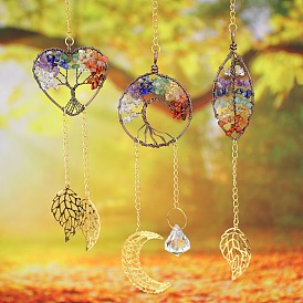 Чакра натуральный драгоценный камень чипсы проволочная обертка металл дерево жизни подвесные украшения, кисточка из листьев ловцы солнца украшения для дома и сада