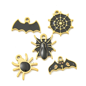 Halloween Theme Ion Plating(IP) 304 Stainless Steel Enamel Pendants, Golden, Spider Web/Bat/Spider Charm