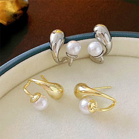 Metal Fengshui Pearl 925 Silver Needle Earrings Real Gold Plating Fashion Temperament Minority Simple Earrings Female
