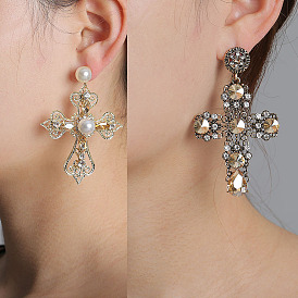 Vintage Palace Show Hollow Cross Diamond Earrings - European and American Brand
