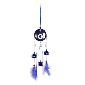 Aluminum Tube & Brass Bell Wind Chimes, Feather Pendant Decorations with Acrylic Evil Eye