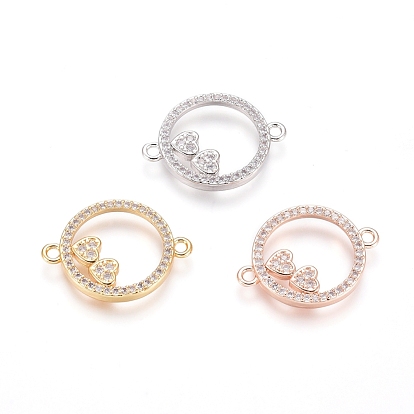 Brass Micro Pave Clear Cubic Zirconia Links Connectors, Long-Lasting Plated, Flat Round with Heart