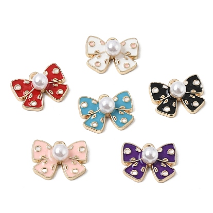 Alloy Enamel Pendants, Bowknot Charms, with Plastic Pearl Charms, Golden