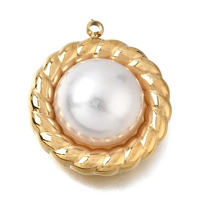 304 Stainless Steel & ABS Imitation Pearl Pendants, Flat Twist Cable Round Charms, Ion Plating(IP), Long-Lasting Plated
