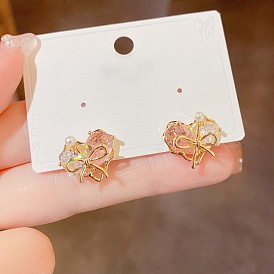 Fashionable Sweet Heart Zircon Inlaid Stud Earrings with Butterfly Bow - Trendy and Cute