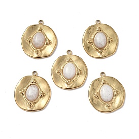 Vacuum Plating 201 Stainless Steel Natural White Jade Pendants, Real 18K Gold Plated, Wave Flat Round Charms