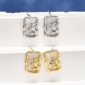 Латунь серьги, прямоугольник с рисунком розы