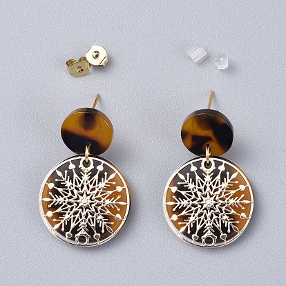Cellulose Acetate(Resin) Dangle Earrings, with Brass Findings and Ear Nuts, Flat Round with Snowflake