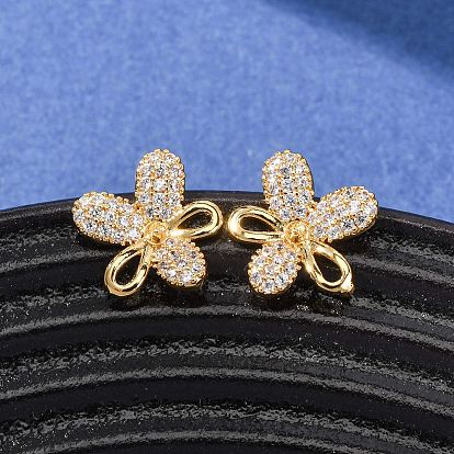 Фурнитура для женских сережек-гвоздиков из латуни с микропаве из кубического циркония, цветок, за половину пробурено бисера