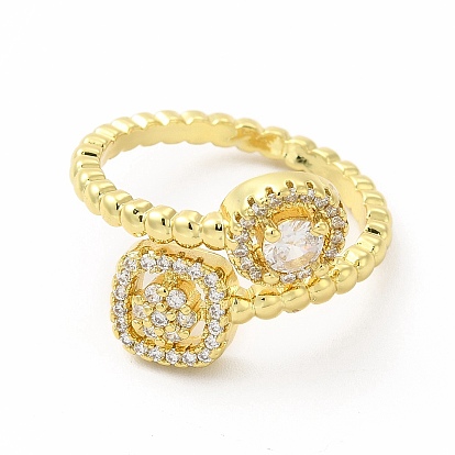 Cubic Zirconia Square Cuff Ring, Golden Brass Jewelry for Women