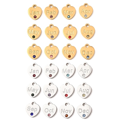 Birthday 304 Stainless Steel Micro Pave Cubic Zirconia Charms, Heart with December Birthstone Charms
