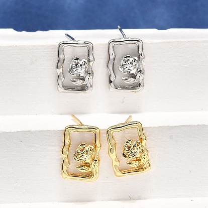 Латунь серьги, прямоугольник с рисунком розы