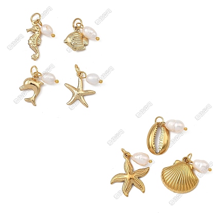 14 Stück 7 Stile 304 Anhänger aus Edelstahl und natürlichen Süßwasserzuchtperlen, Meerestiere Charms, mit 304 Biegeringen aus Edelstahl, Blumenweiß, Mischformen
