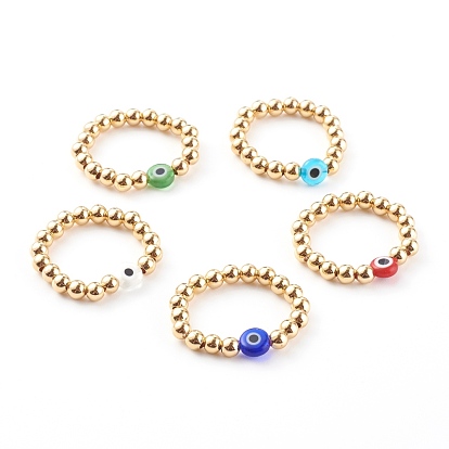 Golden Plated Brass Stretch Rings, with Evil Eye Lampwork Beads, Flat Round & Round