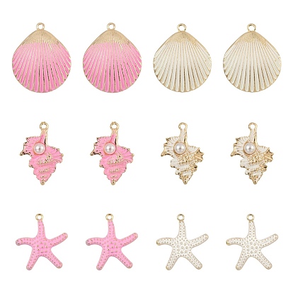 24Pcs 6 Style Spray Painted Alloy Pendants, Scallop & Conch & Starfish/Sea Stars