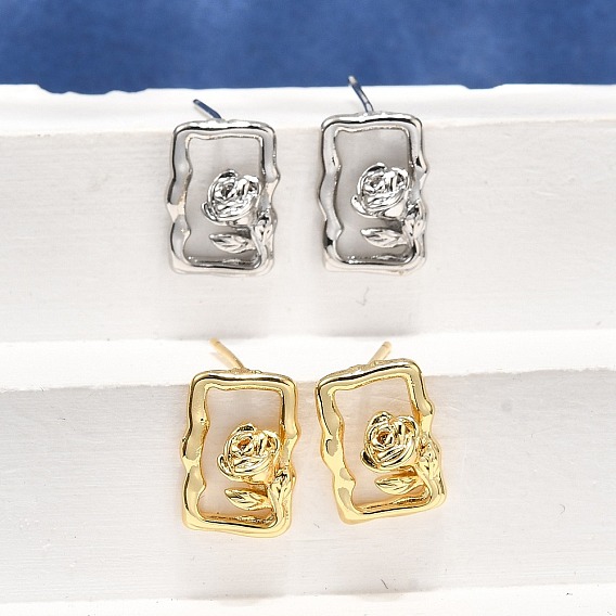 Латунь серьги, прямоугольник с рисунком розы