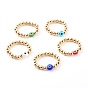 Golden Plated Brass Stretch Rings, with Evil Eye Lampwork Beads, Flat Round & Round