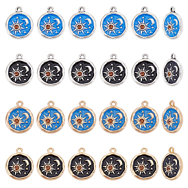 24 шт 4 цвета подвески из цинкового сплава с эмалью, плоский круг, луна и солнце