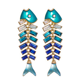 Exaggerated Blue Fishbone Inlaid Diamond Earrings - Creative, Personalized, Stylish.