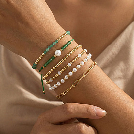 6шт. 6 варианты регулируемых белых круглых браслетов из искусственного жемчуга, стекла и латунных бусин, эластичные наборы, Плетеные браслеты из бисера, золотые