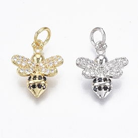 Brass Micro Pave Cubic Zirconia Charms, with Jump Ring, Nickel Free, Bee