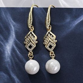 Серьги-подвески из латуни с прозрачным кубическим цирконием и прозрачным паве, с ABS имитации жемчуга, стойки покрытие, долговечный, без свинца и без кадмия, лист и круглый