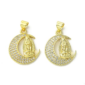 Brass Micro Pave Clear Cubic Zirconia Pendants, Moon with Goddess