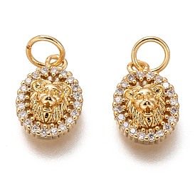 Brass Micro Pave Clear Cubic Zirconia Charms, Long-Lasting Plated, with Jump Ring, Oval with Lion