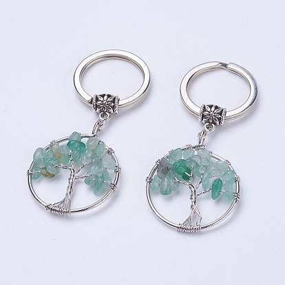Gemstone Keychain, with Iron Key Rings and Brass Finding, Flat Round with Tree of Life