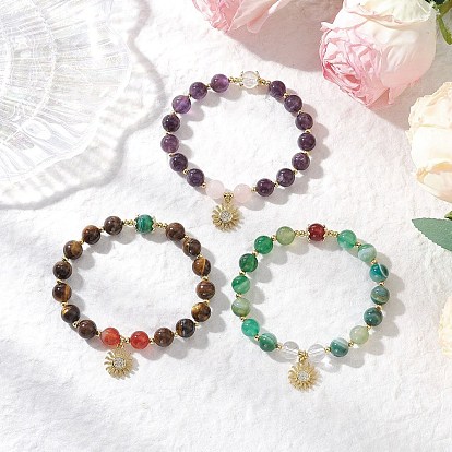 3шт. браслеты из круглых бусин из натурального полосатого агата, аметиста, тигрового глаза, розового кварца и кварцевого кристалла для женщин, с латунными микропаве прозрачными кубическими циркониями браслеты с подвесками в виде солнца для женщин