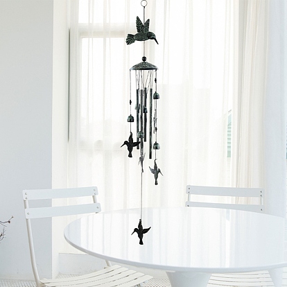 Carillón de viento de aleación, decoraciones colgantes de hierro de colibrí, con tubo de aluminio y cordón de poliéster, cuentas de plástico