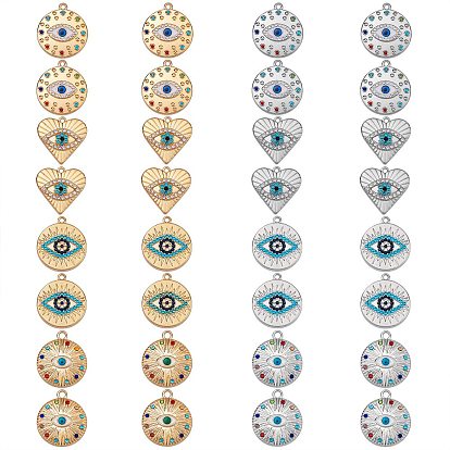 32Pcs 8 Style Rack Plating Alloy Enamel Pendants, with Colorful Rhinestone, Cadmium Free & Nickel Free & Lead Free, Heart Charms & Flat Round with Evil Eye