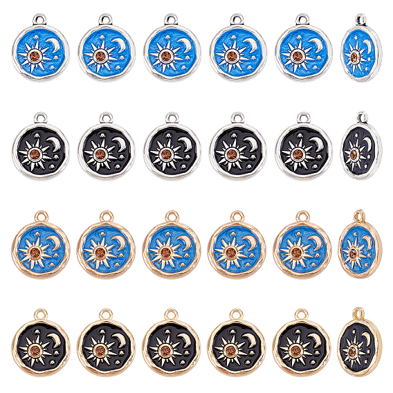 24 шт 4 цвета подвески из цинкового сплава с эмалью, плоский круг, луна и солнце