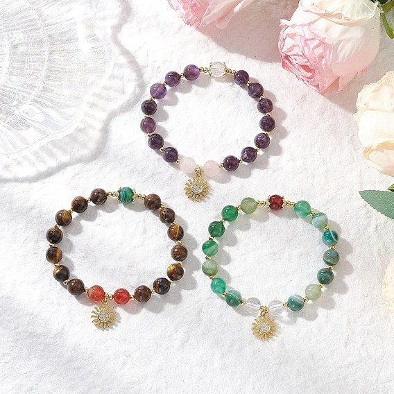 3шт. браслеты из круглых бусин из натурального полосатого агата, аметиста, тигрового глаза, розового кварца и кварцевого кристалла для женщин, с латунными микропаве прозрачными кубическими циркониями браслеты с подвесками в виде солнца для женщин