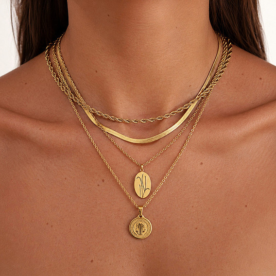 304 Stainless Steel Oval Pendant Rope Chain Necklaces for Women